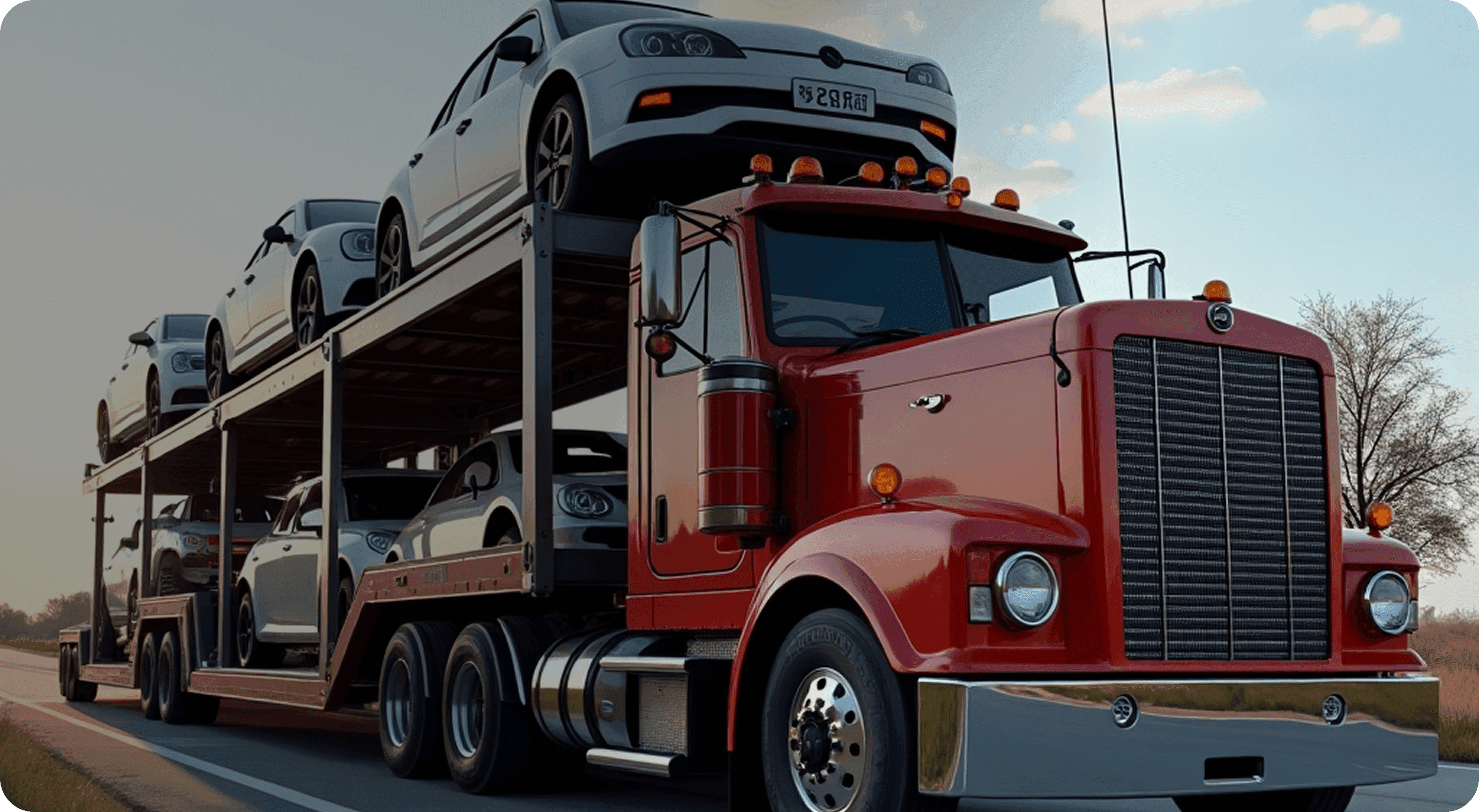 Car carrier truck transporting vehicles on a forest road
