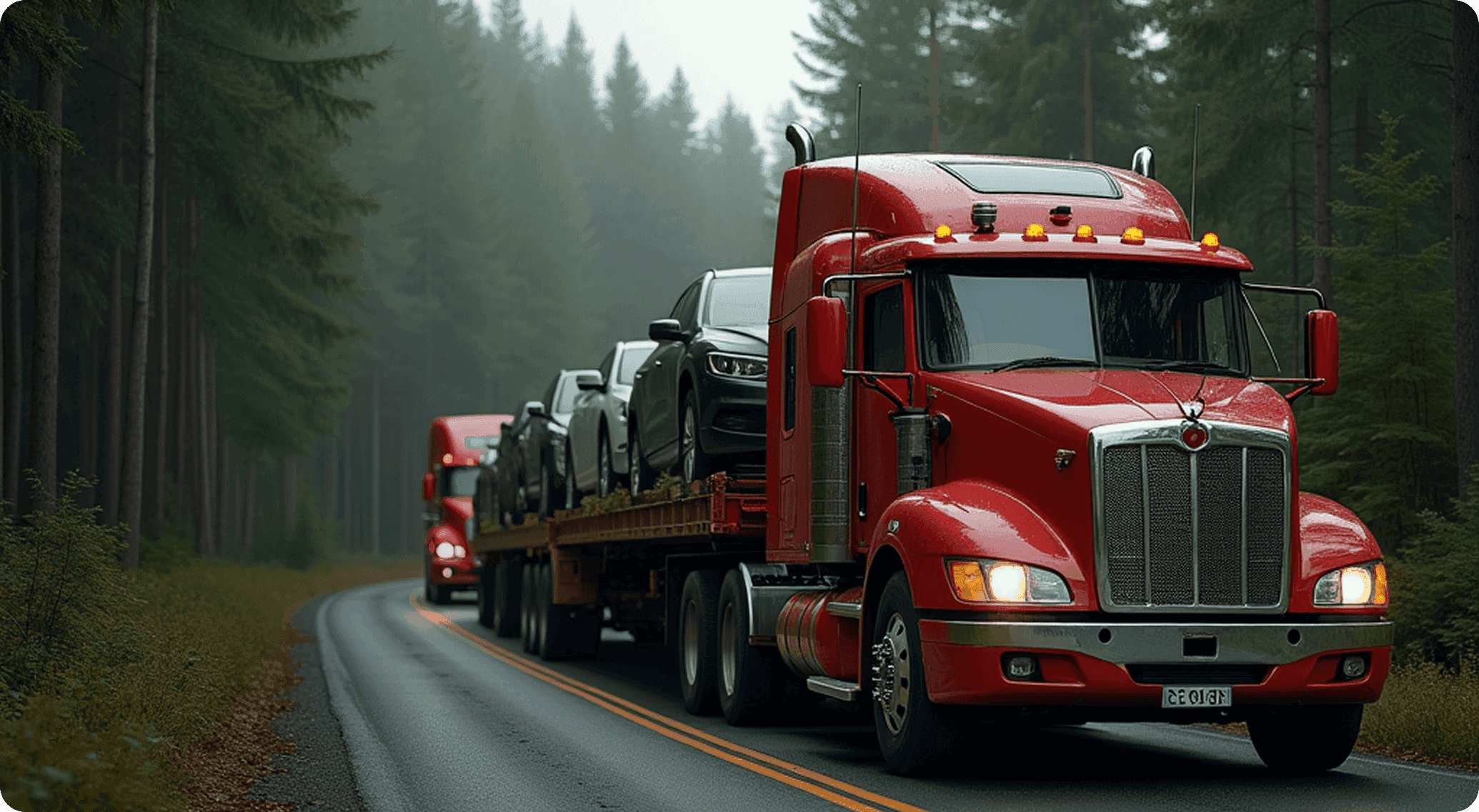 Car carrier truck transporting vehicles on a forest road