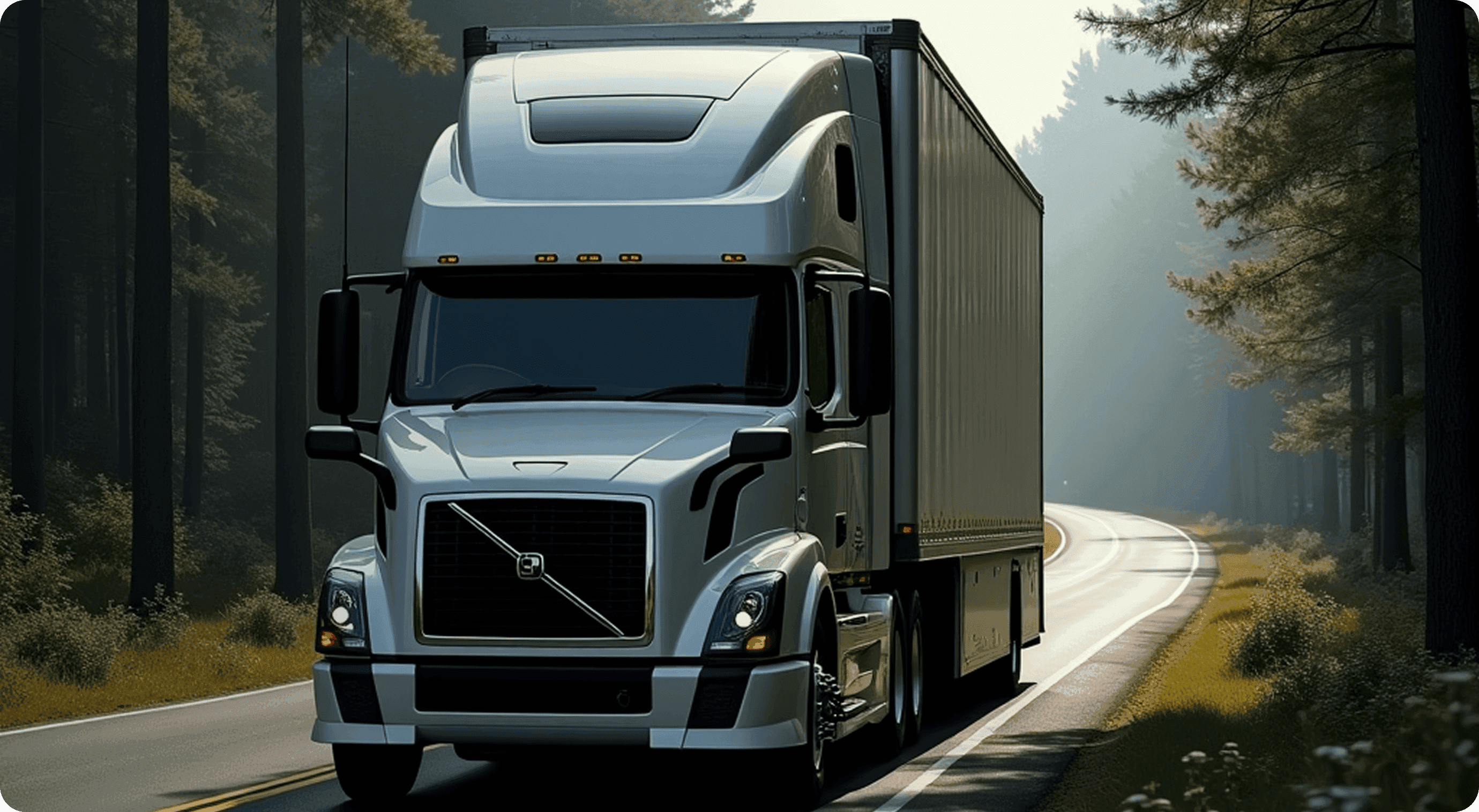 Car carrier truck transporting vehicles on a forest road