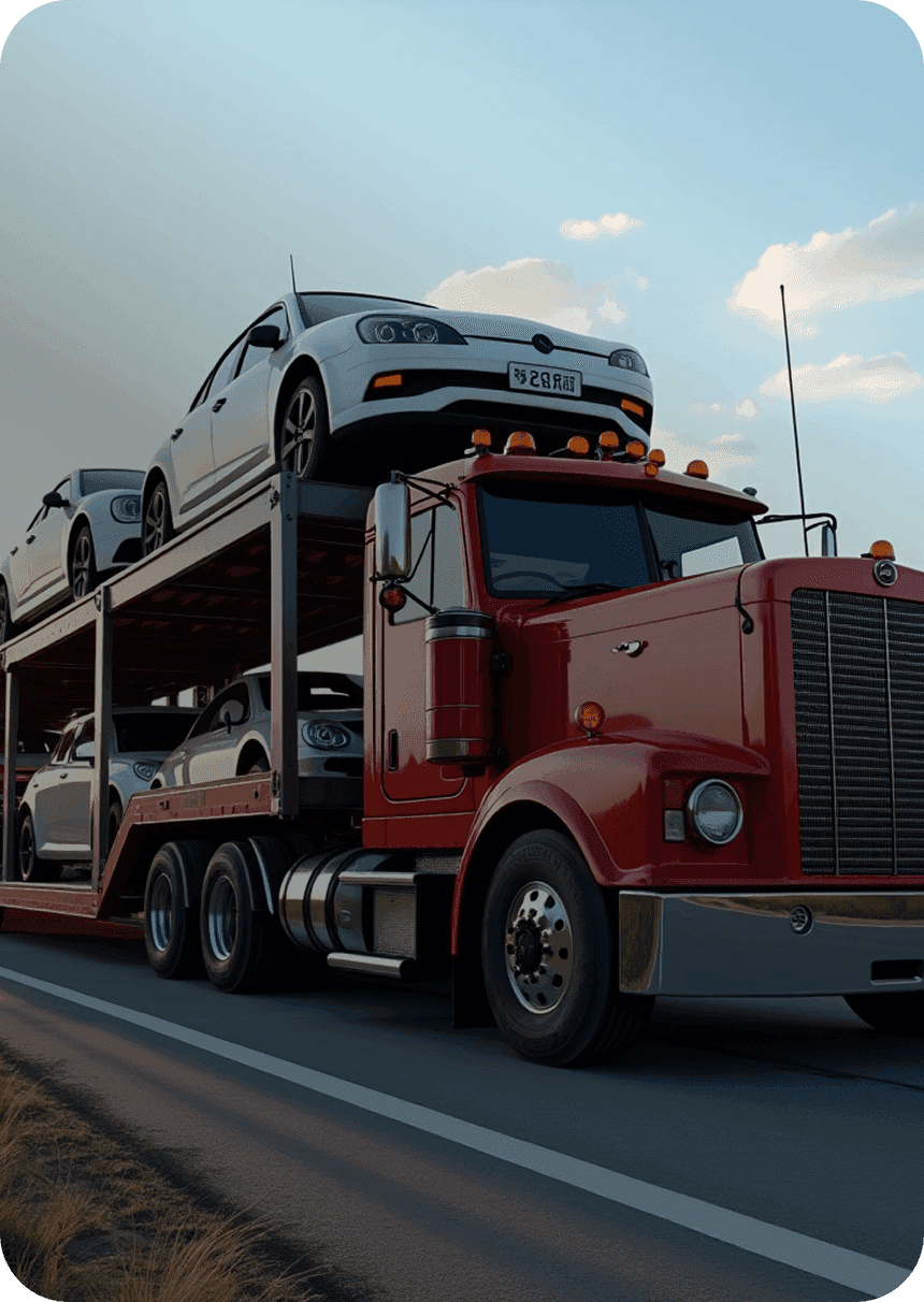 Car carrier truck transporting vehicles on a forest road