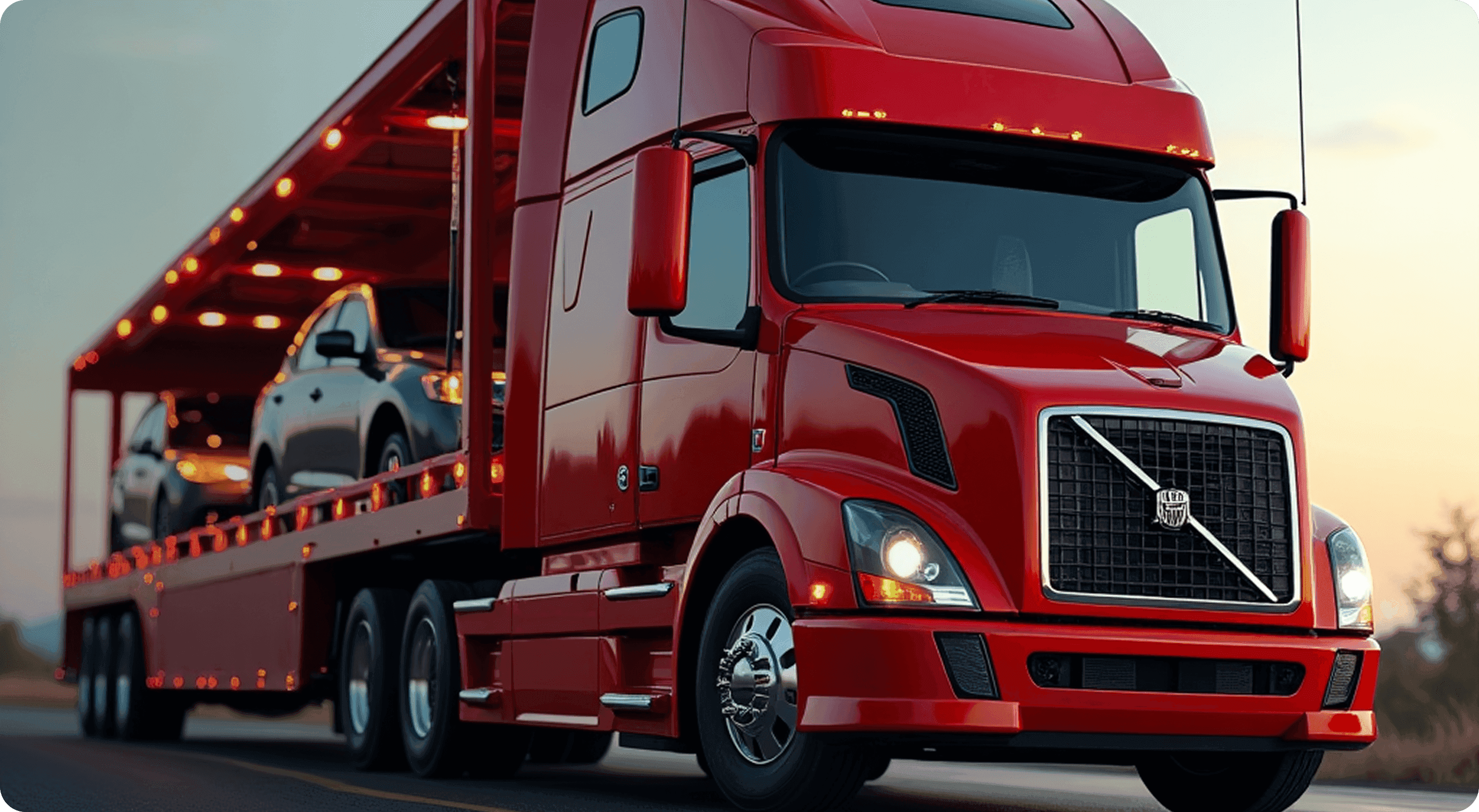 Car carrier truck transporting vehicles on a forest road
