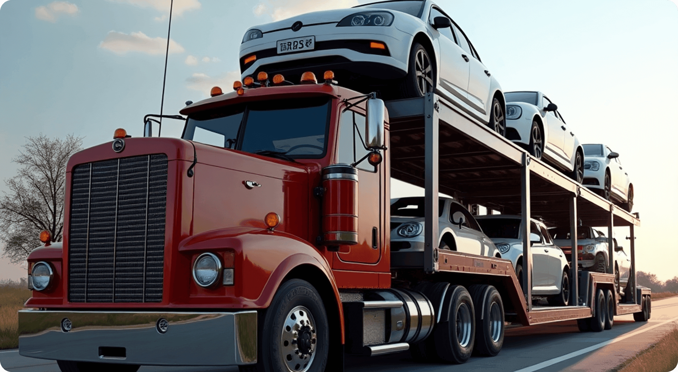 Car carrier truck transporting vehicles on a forest road