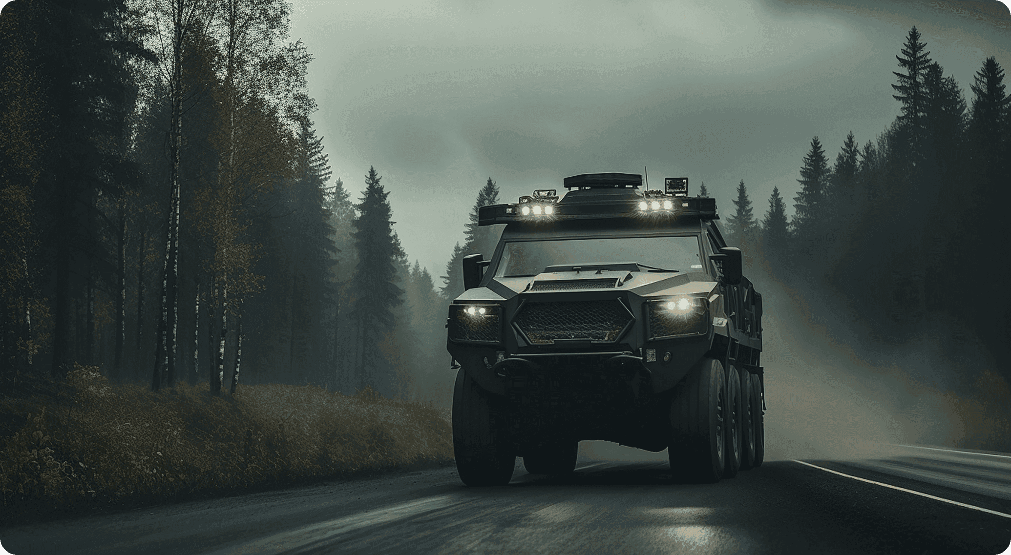 Car carrier truck transporting vehicles on a forest road