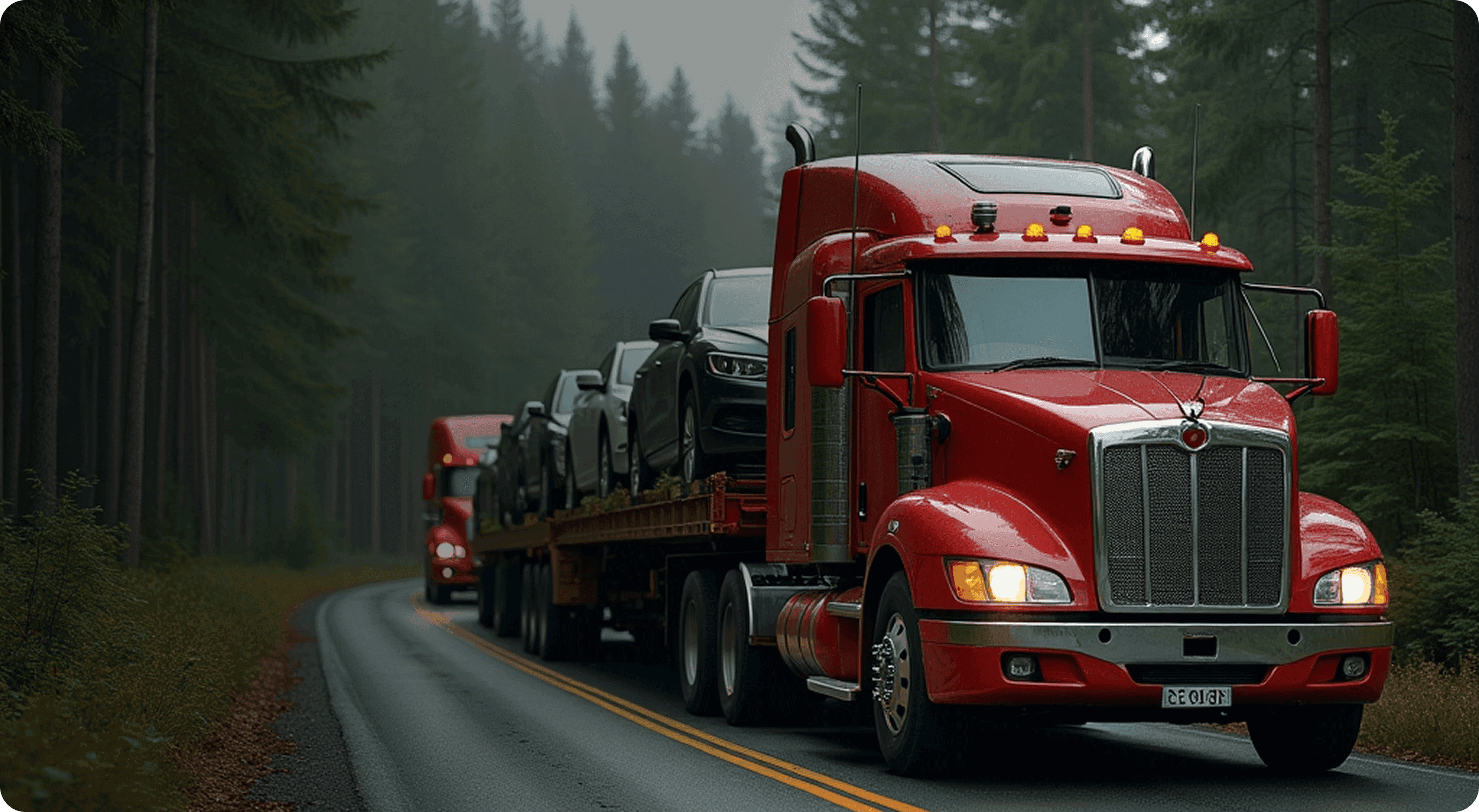 Car carrier truck transporting vehicles on a forest road