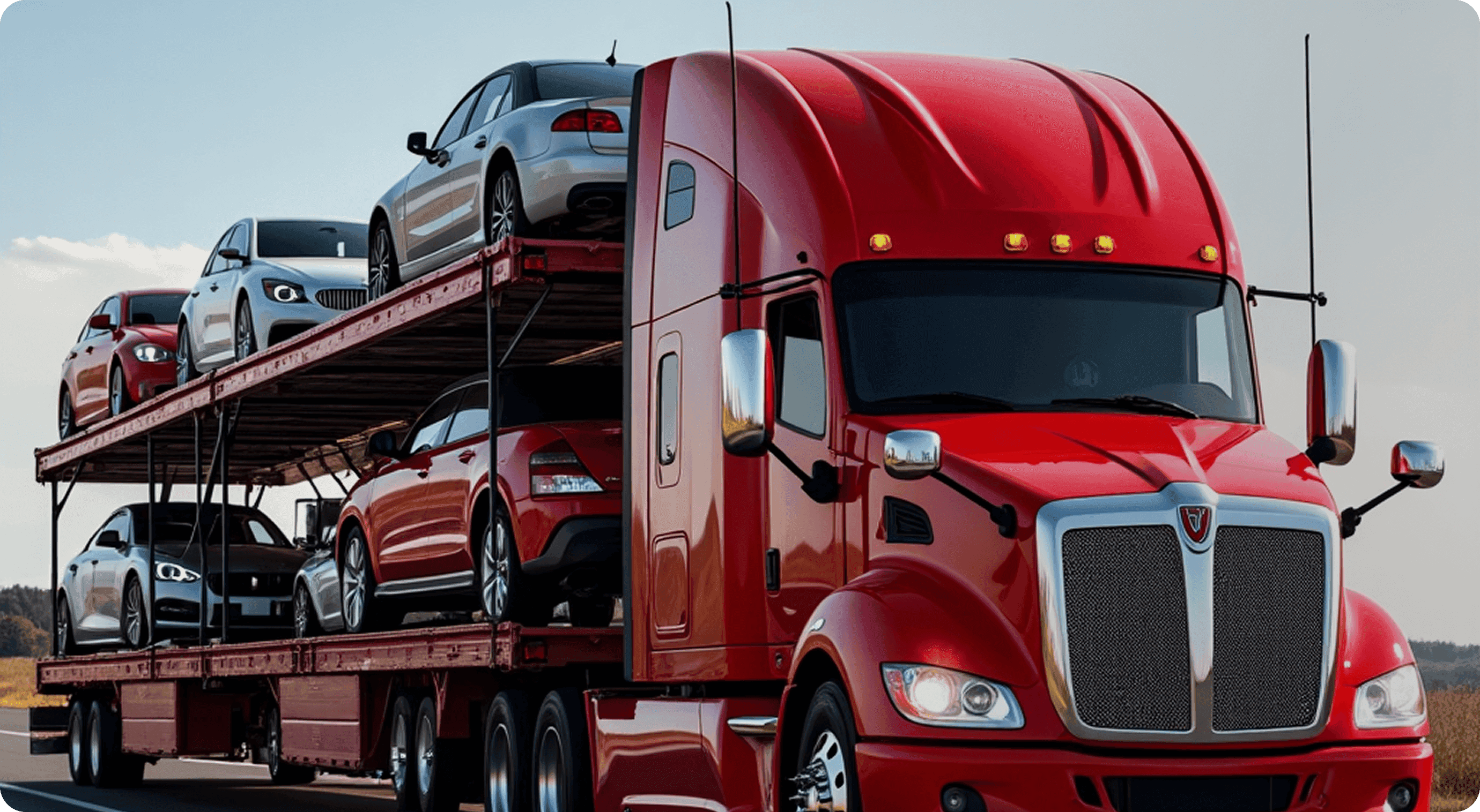 Car carrier truck transporting vehicles on a forest road