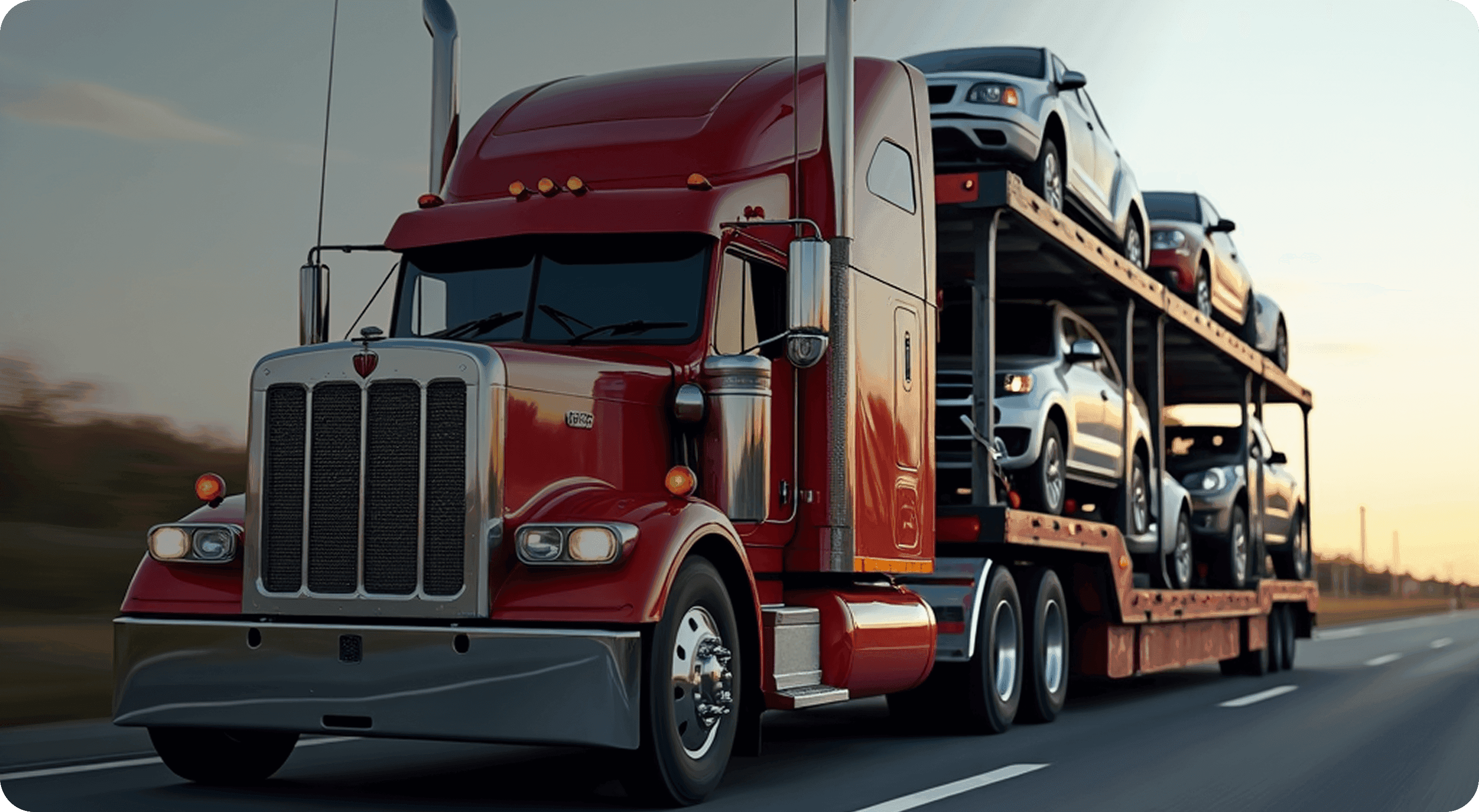 Car carrier truck transporting vehicles on a forest road