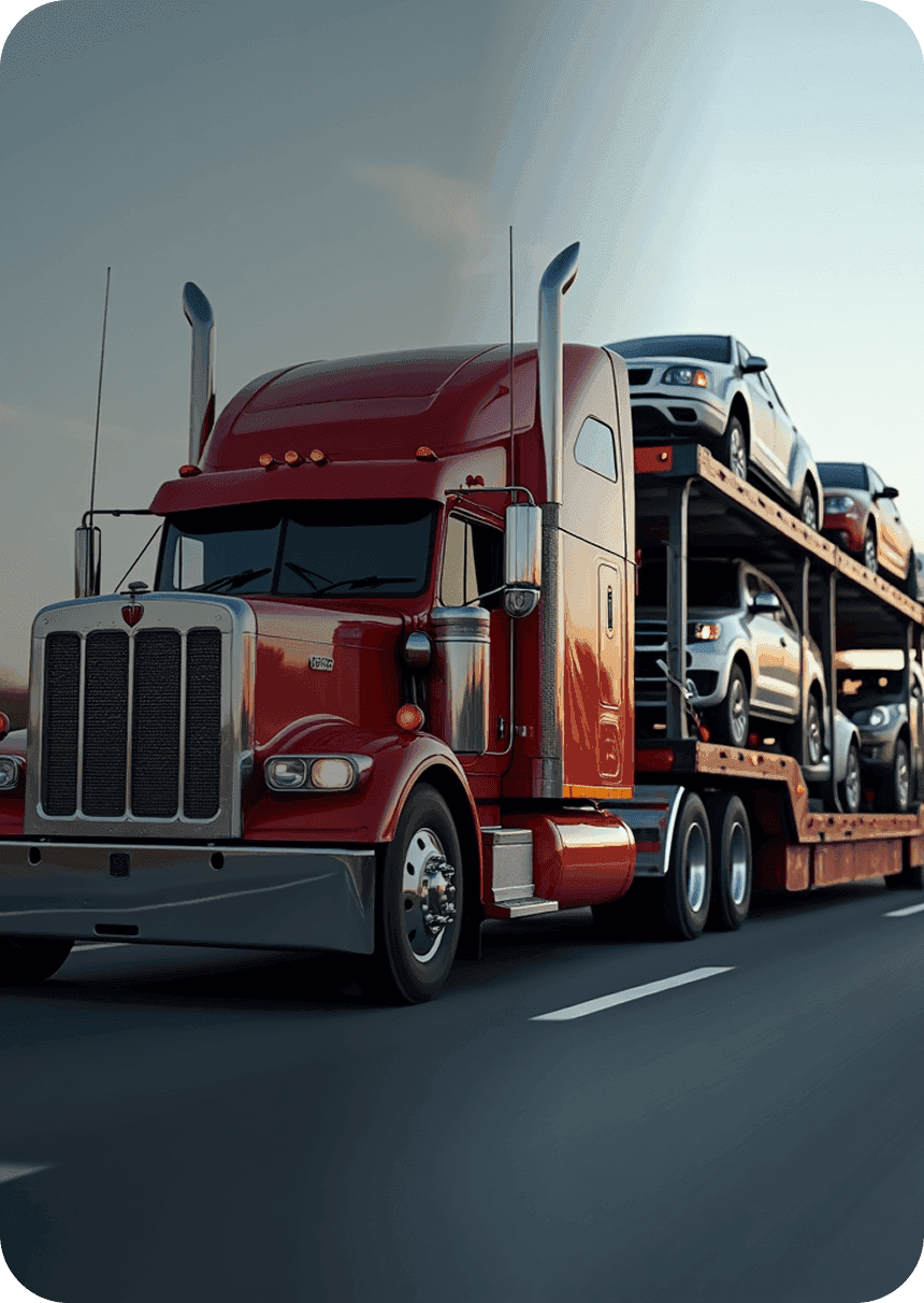Car carrier truck transporting vehicles on a forest road
