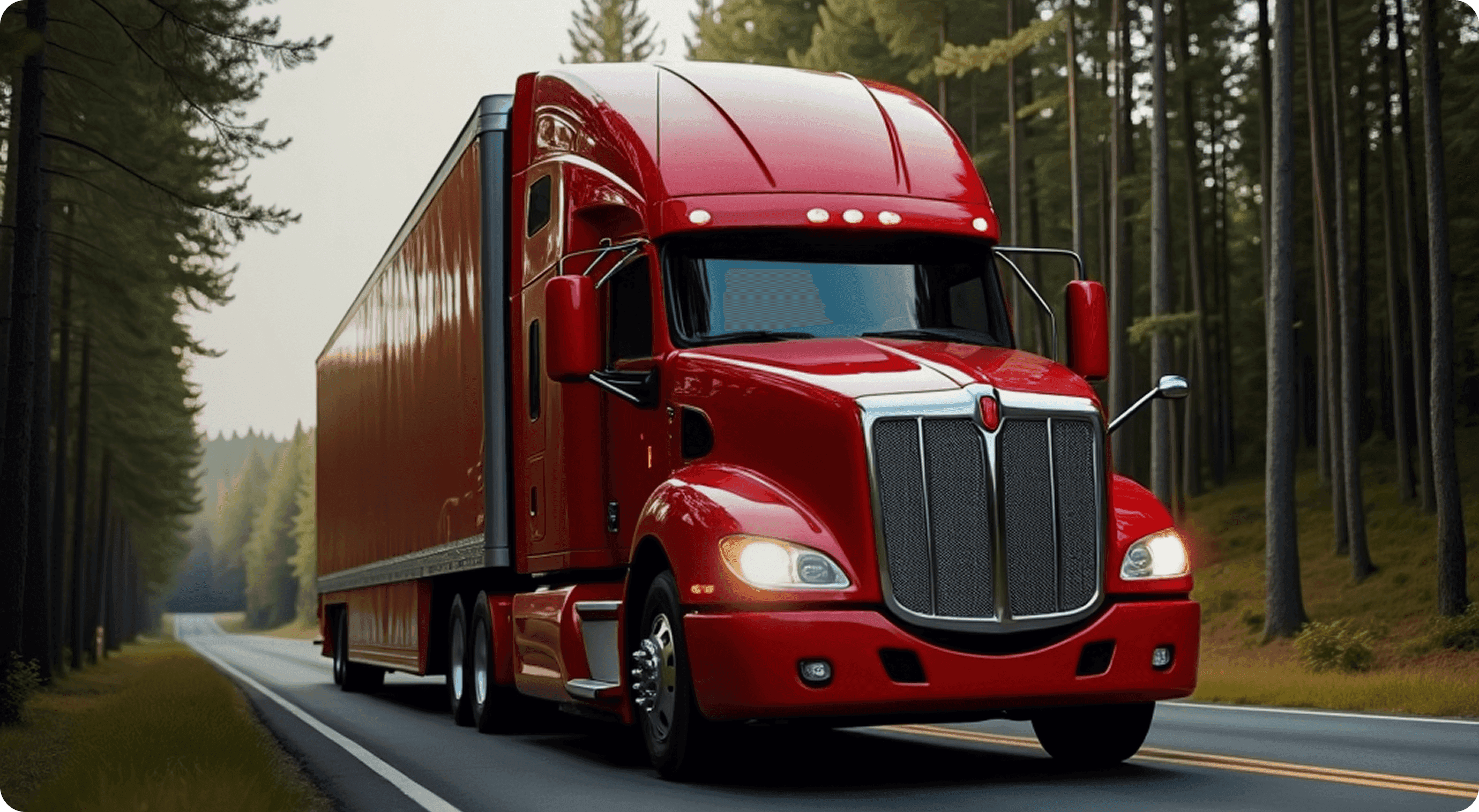 Car carrier truck transporting vehicles on a forest road